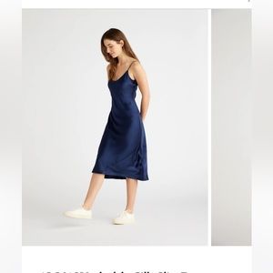 One Quince navy washable silk slip dress, size small, midi length